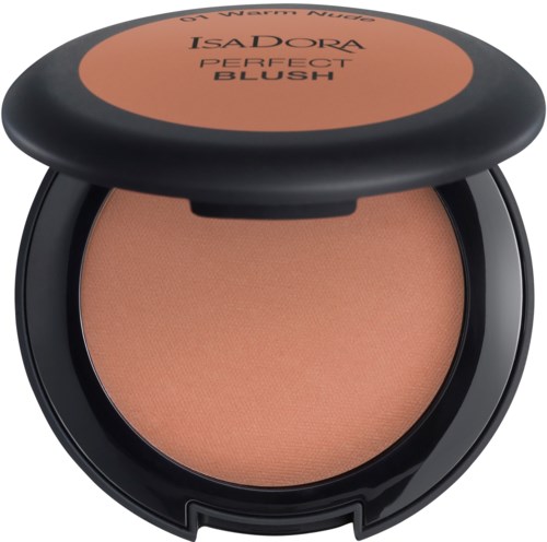 En rund makeup-kompakt med en persikofärgad rouge inuti. Locket har svart och orange text och är delvis öppet.