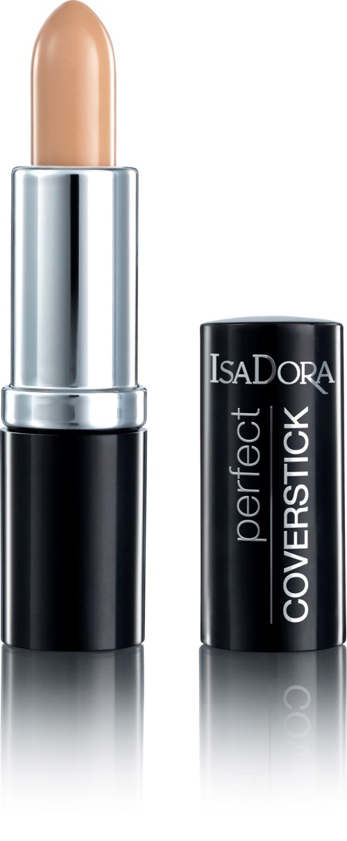 En beige läppstift med ett silver- och svart rör från IsaDora Perfect Coverstick.