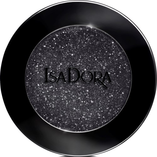 En svart kompakt med glittrigt, stjärnliknande mönster och namnet 'IsaDora' på.