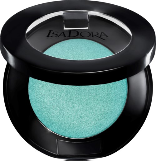 En rund svart makeup-behållare med ljus turkos ögonskuggor. Varumärket ISADORA syns under locket.