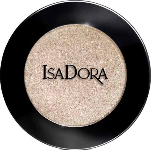 Ett runt makeup-produkt med beige, glittrig yta och svart kant, med varumärket IsaDora i mitten.
