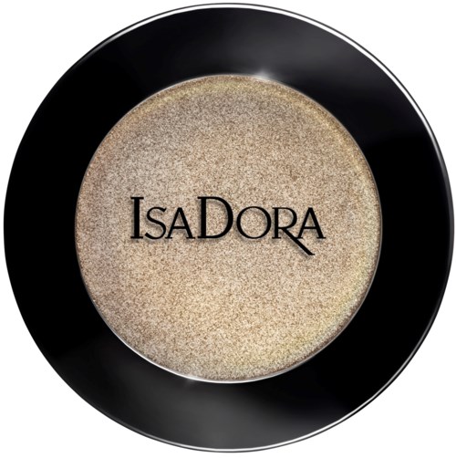 En makeup-kompakt med svart yttre och glitterbeige puder innanför, märkt 'IsaDora.'