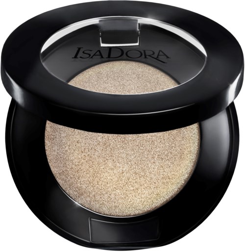 En liten svart behållare med genomskinlig lock, som visar beige puder inuti, märkt 'ISADORA'.