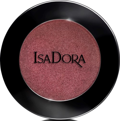 Ett runt kosmetikkapaket med rosa ögonskugga inuti. Märket 'IsaDora' står över ögonskuggan.