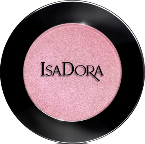 En rund makeup-rouge med varumärkesnamnet IsaDora i mitten, rosa inuti, svart yttre ring.
