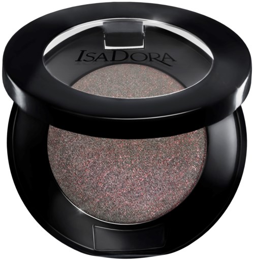 En rund svart makeup-elfter med glittrande rosa ögonskugga inuti och märket Isadora på toppen.