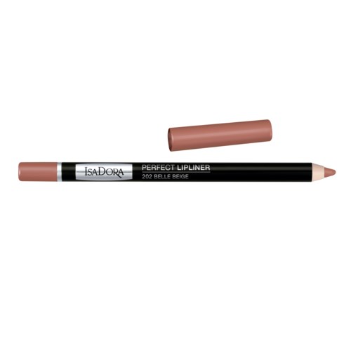 En beige läppenna-pencil med skydd, märkt 'Perfect Lipliner' och '202 Belle Beige', visar pennan slipad.