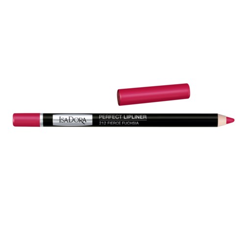 Musta huultenrajauskynä, jossa on pinkki ja valkoinen osa, teksti 'Perfect Lipliner', ja vaaleanpunainen suojus.