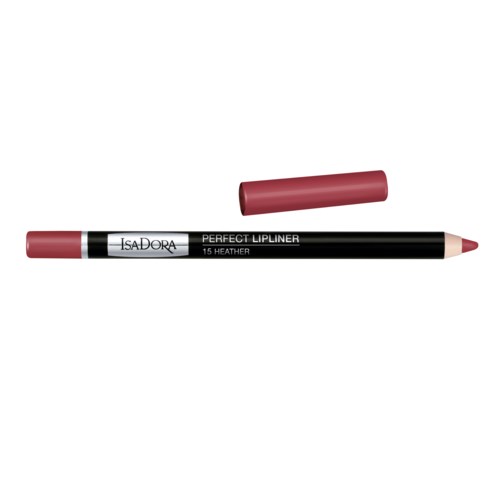 En läppenna ceratpenna med löklocka och etikett som säger 'Perfect Lipliner 15 Heather'.