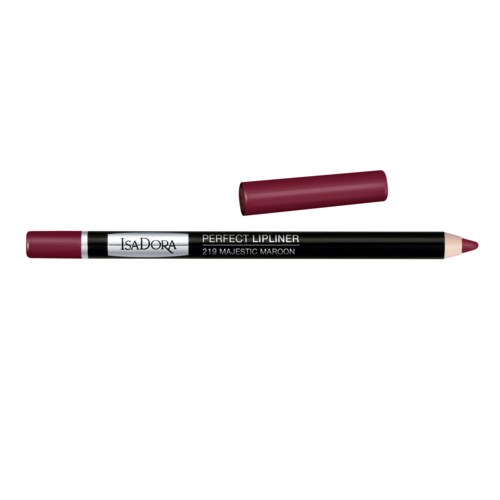 Huultenrajauskynä, jossa marjapuolukanvärinen koppa ja musta vartalo, merkitty 'Perfect Lipliner' ja sävy 'Majestic Maroon'.