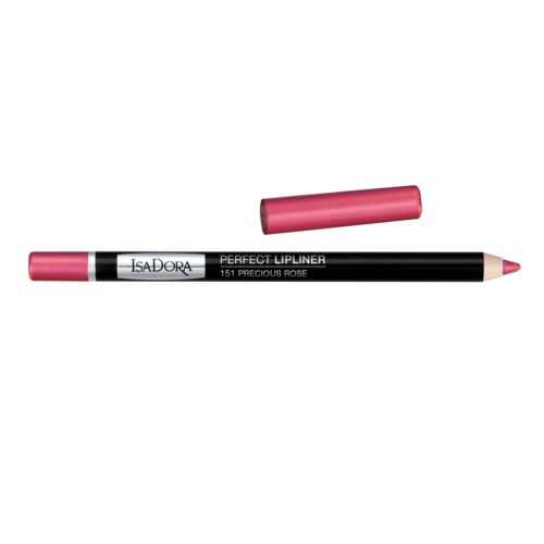 Pinkki huultenrajauskynä, jossa lukee 'Perfect Lipliner' ja sävy '151 Precious Rose', ja sen kuoletin vieressä.