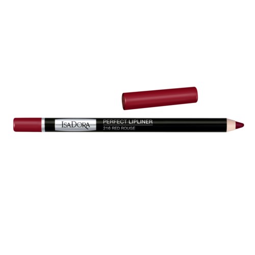 En röd läppstiftspenna märkt 'Perfect Lipliner' med svartvitt skal och röd cap.