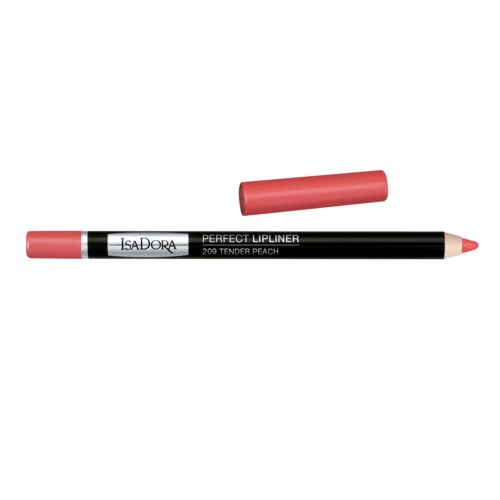 Huulten rajauskynä kannen kanssa, merkintä "Perfect Lipliner 209 Tender Peach," näyttää värinsä. Käytetään huulten määrittämiseen.