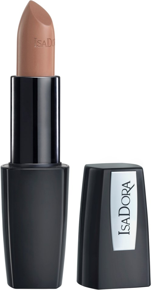 En nude läppstift i ett svart fodral med ett separat svart lock med vit etikett som säger ISADORA.