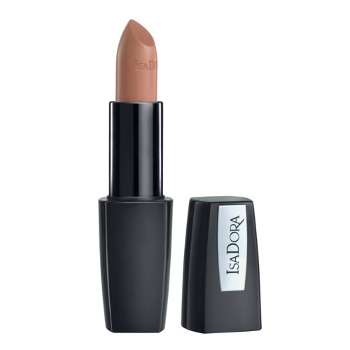 Ett beige läppstift i ett svart fodral med en vit etikett som säger 'IsaDora'.