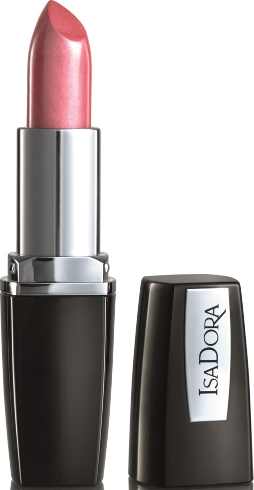 Vaaleanpunainen huul lipstick hopea- ja mustaputkessa, kansi vieressä, IsaDora-merkitty.