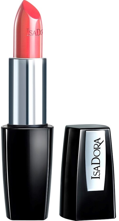 Rosahtava huul lipstick mustassa ja hopeisessa säiliössä, merkinnällä 'ISADORA' ja kansi poistettu.