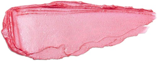 En stripe med rosa leppestift med glatt, skinnende overflate og spiss form på svart bakgrunn.