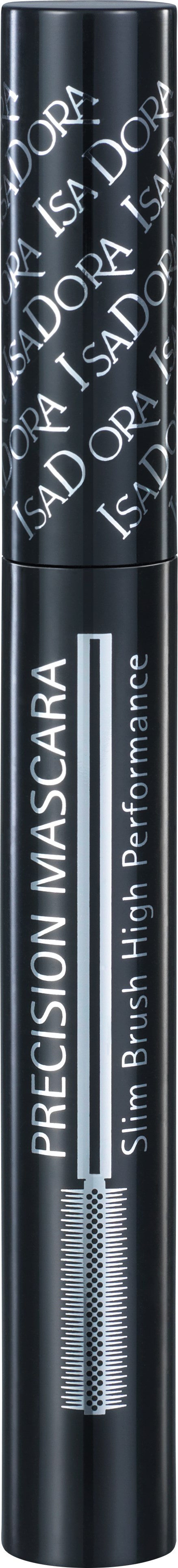 En svart mascara-rör med vit och grå text, inklusive produktnamn och beskrivning, stående upprätt.