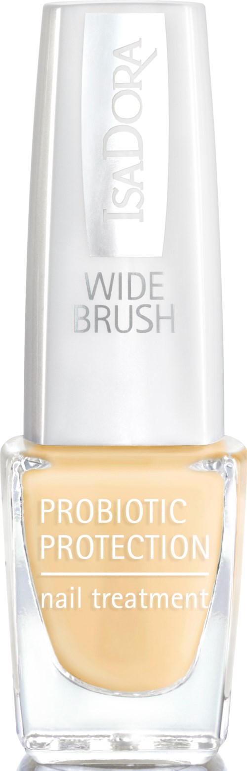 En nagellackflaska märkt 'Probiotic Protection' med vit lock och klar flaska som visar ljusbeige nagellack.