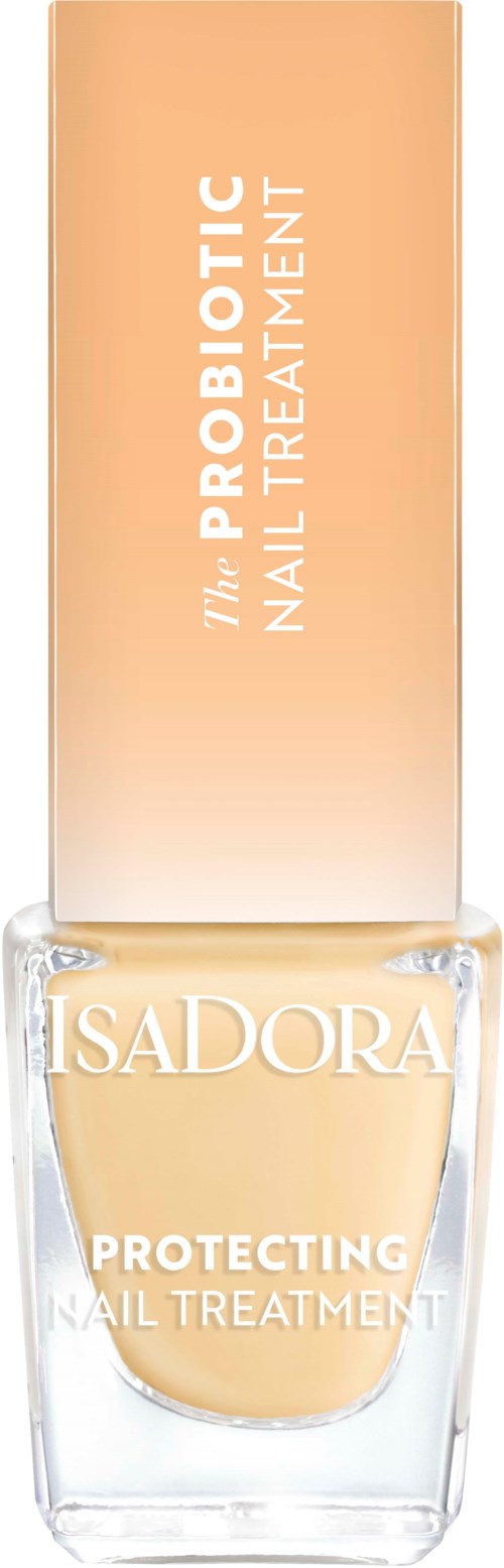 A bottle of nail treatment product with a peach label and clear polish inside.