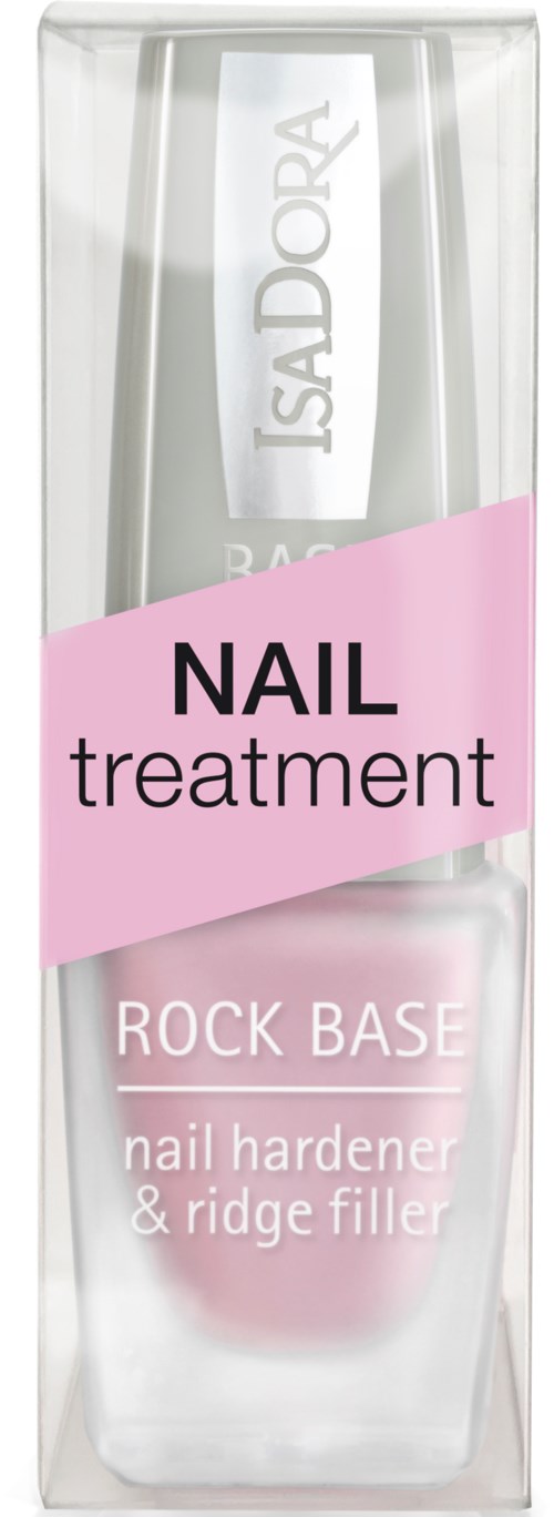 Tydlig box med en rosa etikett som säger "NAIL treatment." Inuti finns ett nagelstärkande och ridgelfyllare.