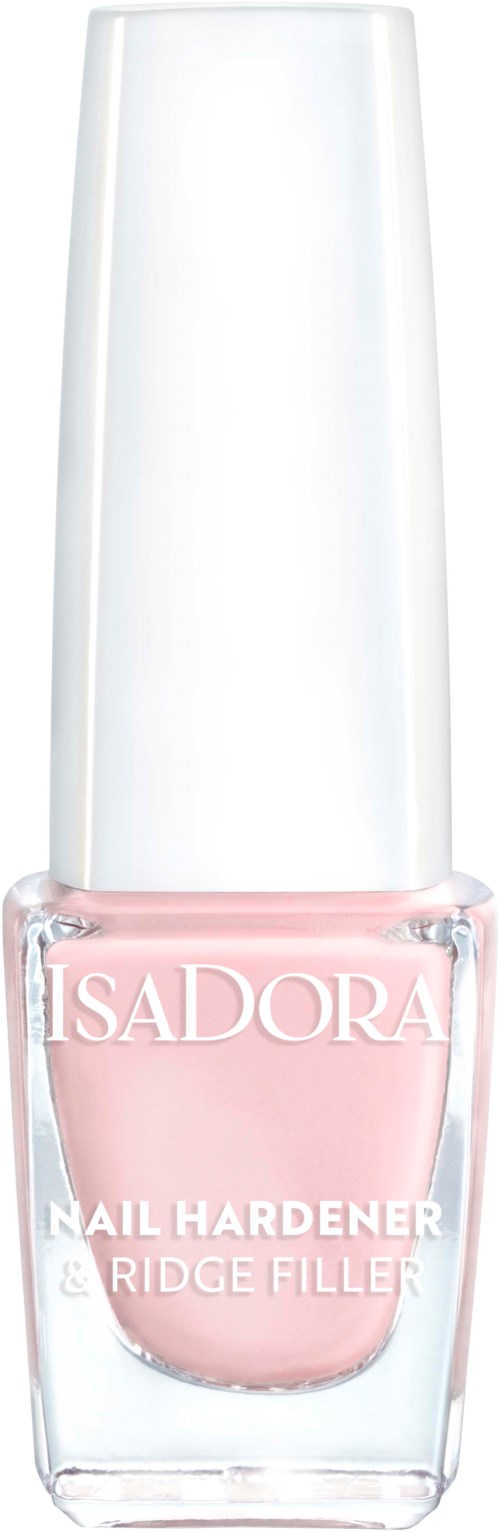 En ljusrosa nagellackflaska med vit kork, märkt 'ISADORA NAIL HARDENER & RIDGE FILLER'.
