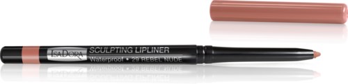 En svart läppstiftspenna med rosa lock, märkt 'Sculpting Lipliner' och 'Waterproof'.