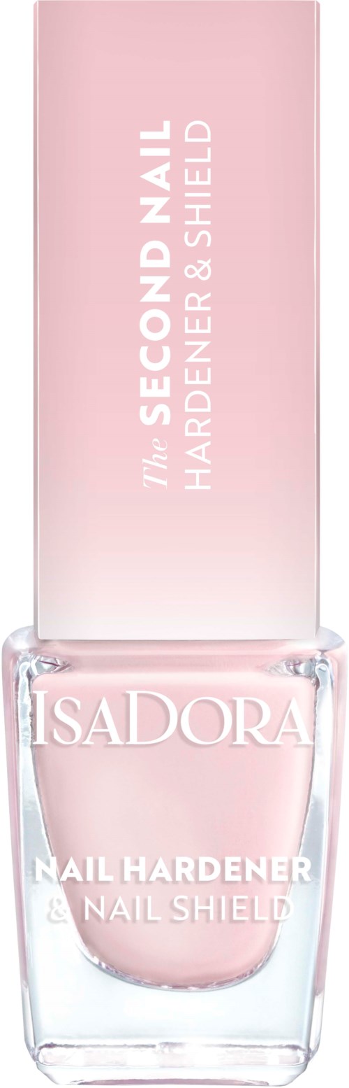 En rosa nagellackflaska med text om nagelförstärkare och skydd. Lockets är också rosa.