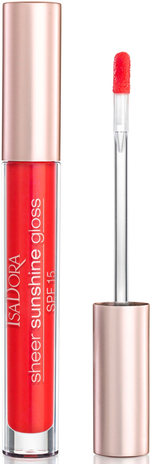 Läppglans i tydlig tub med rosa lock, märkt "Sheer Sunshine Gloss" av IsaDora.