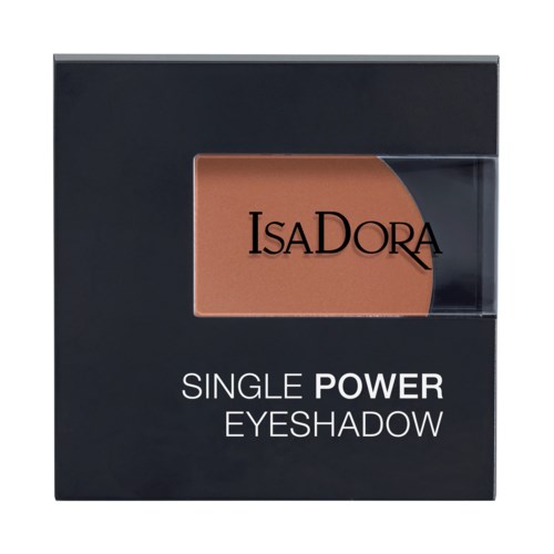 En svart förpackning med fönster som visar en brun ögonskugga. Märkesnamnet IsaDora och orden 'Single Power Eyeshadow'.