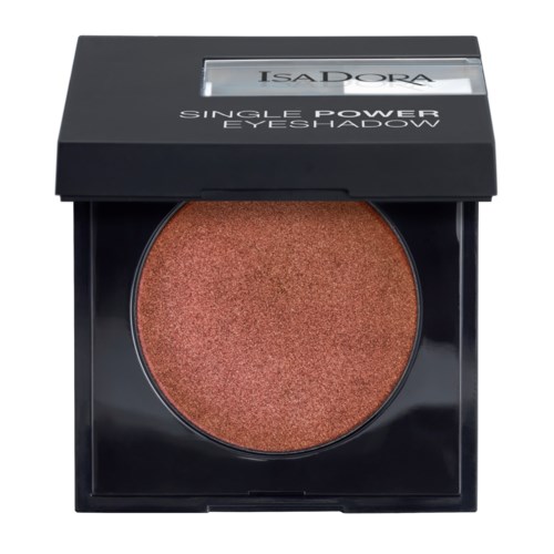 En liten kompakt form märkt 'Isadora Single Power Eyeshadow' med en rödbrun skimrande ögonskugga.