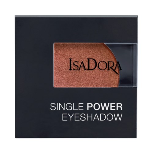 Svart förpackning med fönster som visar en rödbrun ögonskugga. Texten säger "ISA DORA SINGLE POWER EYESHADOW."