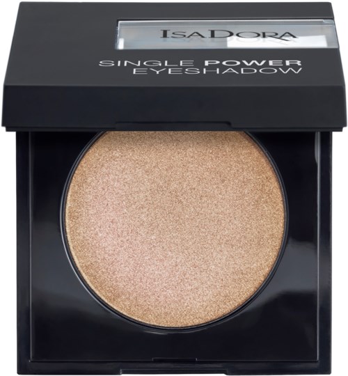 En kompakt makeupprodukt med svart förpackning, märkt 'ISADORA Single Power Eyeshadow', innehållande en glittrig, guldfärgad ögonskugga.