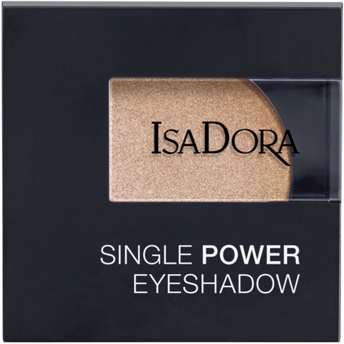 En svart förpackning med ett tydligt fönster som visar en beige ögonskugga med texten 'IsaDora' och 'Single Power Eyeshadow'.