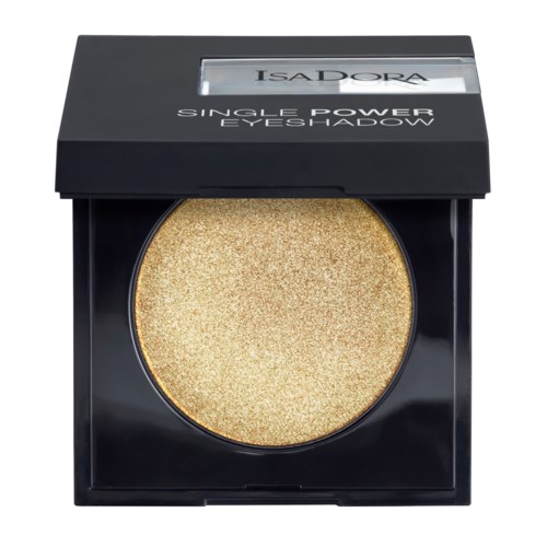 Guldfärgad ögonskugga i en svart fyrkantig platta. Märkt 'IsaDora Single Power Eyeshadow' på locket.
