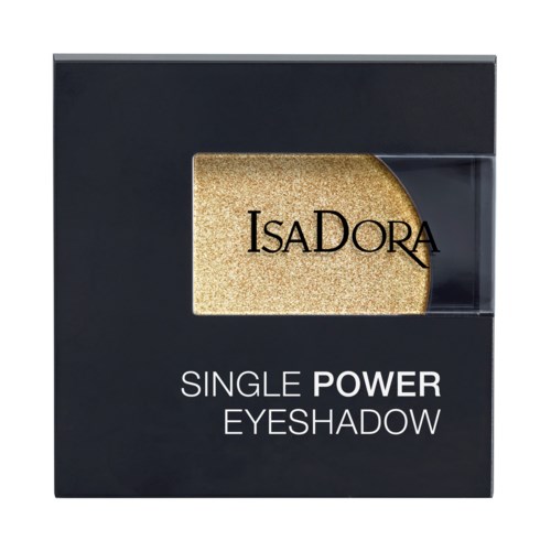 En svart förpackning med ett klart fönster som visar en guldögonskugga och varumärket IsaDora. Text säger 'Single Power Eyeshadow.'