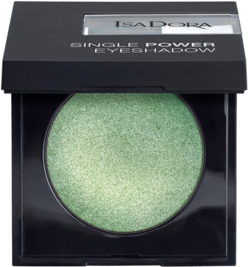 En grön ögonskugga i en svart palett, märkt 'Isadora Single Power Eyeshadow' på locket.