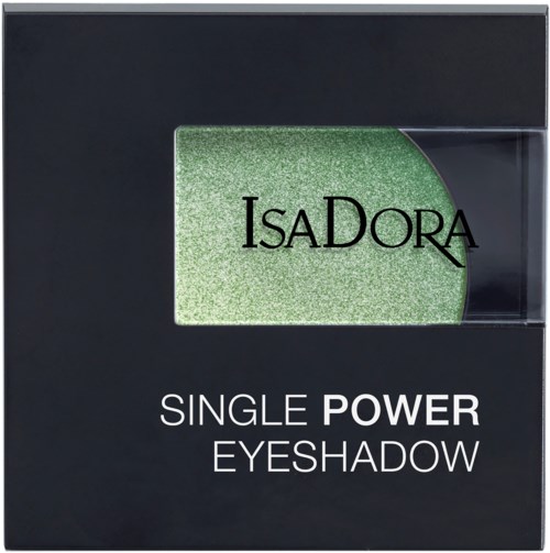 En svart box med grönt ögonskuggor och varumärket IsaDora på, märkt som single power eyeshadow.