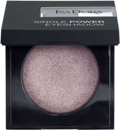 Ett runt ögonskuggor i ett svart skal med ett genomskinligt fönster upptill, märkt "Isadora Single Power Eyeshadow".