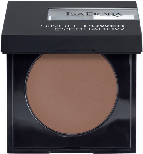 Ett runt sminkkompakt med brunt puder inuti, märkt 'Isadora Single Power Eyeshadow' på en svart dosa.