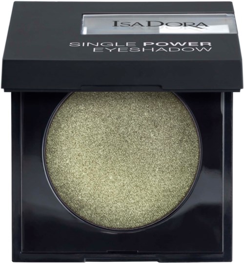 En svart ögonskuggspalett med en gröngul nyans inuti, märkt 'Isadora Single Power Eyeshadow' på locket.