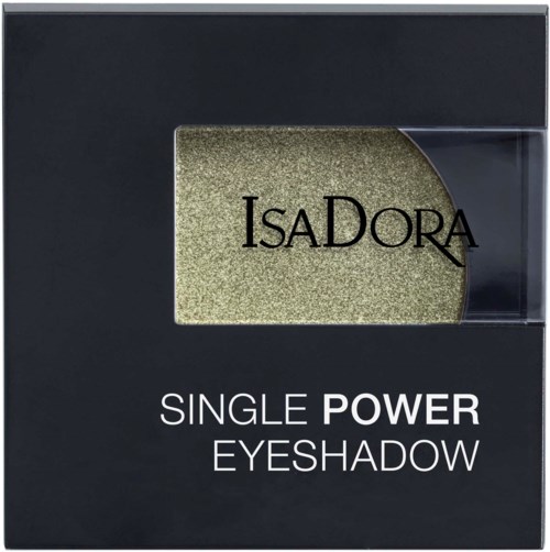 En svart förpackning med en guldig och svart ögonskugga från IsaDora, märkt som single power eyeshadow.
