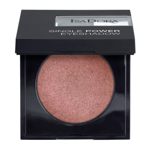 En liten kompakt med rosa-beige ögonskugga och svart förpackning, märkt 'IsaDora Single Power Eyeshadow.'