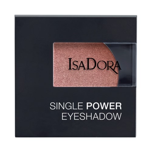 En svart förpackning med ett fönster som visar en rosa ögonskugga och orden 'Single Power Eyeshadow'.