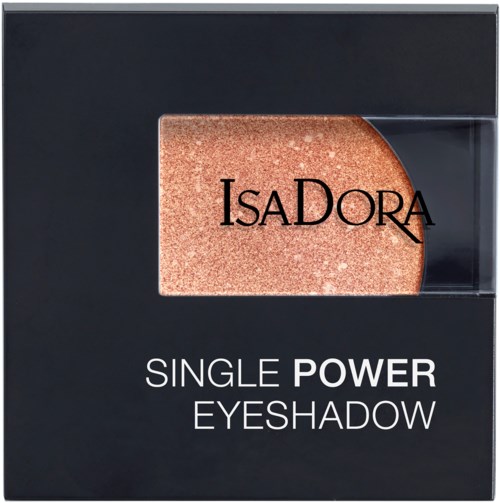 En svart förpackning med ett fönster som visar aprikosfärgad ögonskugga och texten 'ISADORA SINGLE POWER EYESHADOW'.