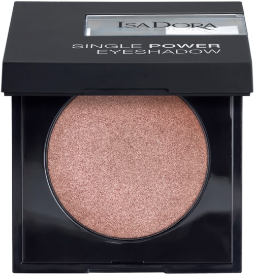 En rund, persikofärgad ögonskugga i ett svart kompakt med ett tydligt lock, märkt 'ISADORA' och 'SINGLE POWER EYESHADOW.'