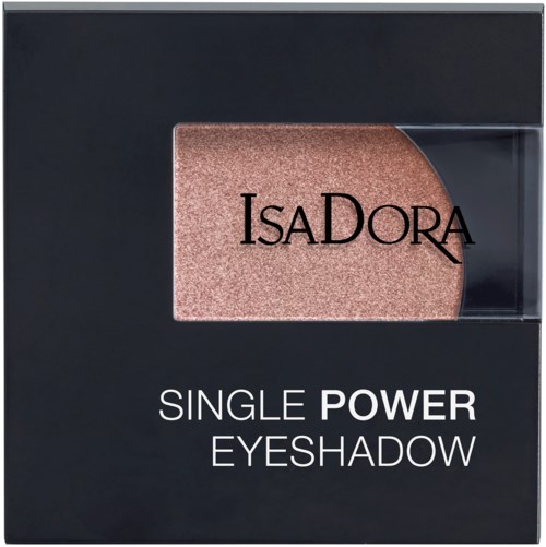 En svart förpackning med ett skimrande rosa ögonskugga som heter IsaDora, märkt som single power eyeshadow.