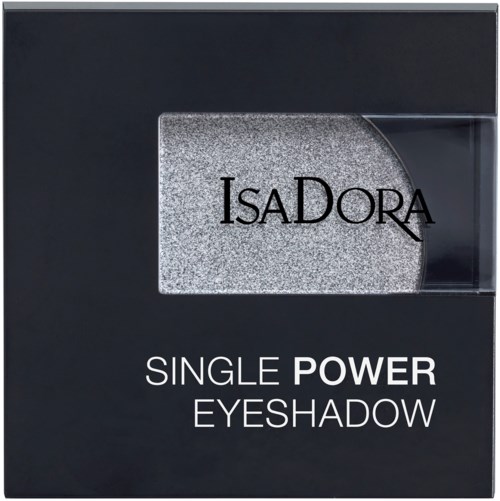 En svart förpackning med ett fönster som visar en silvrig ögonskugga. Förpackningen har varumärket 'Isadora' och orden 'Single Power Eyeshadow.'