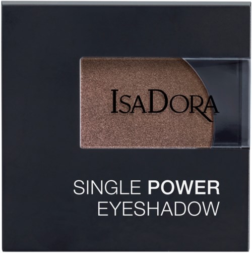 Svart förpackning med tydligt fönster som visar bronsögonskugga, etiketten säger 'Isadora Single Power Eyeshadow'.